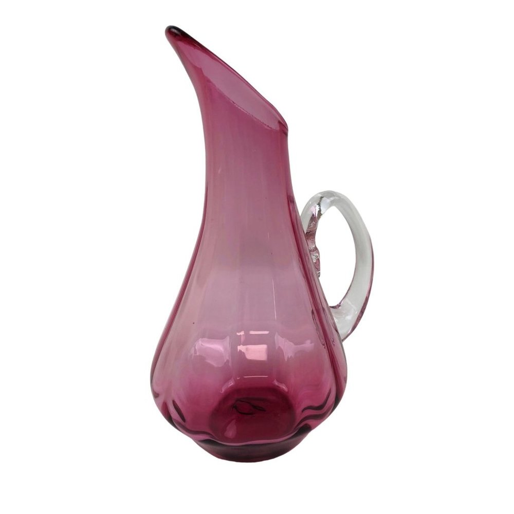 R. Foster Pink Blown Stretch Swung Glass Pitcher Handle Vase Home Decor Signed
